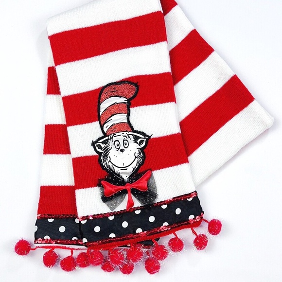 Dr Seuss CAT IN THE HAT Red White Striped Scarf Pom Poms Winter Accessory - Picture 1 of 4